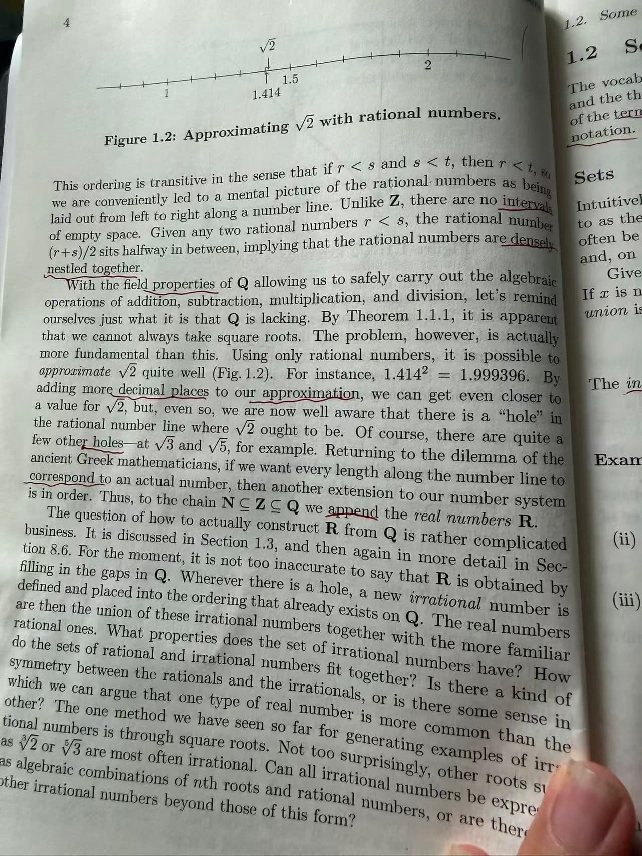 A page in Understanding Analysis discussing rational approximations to the square root of two
