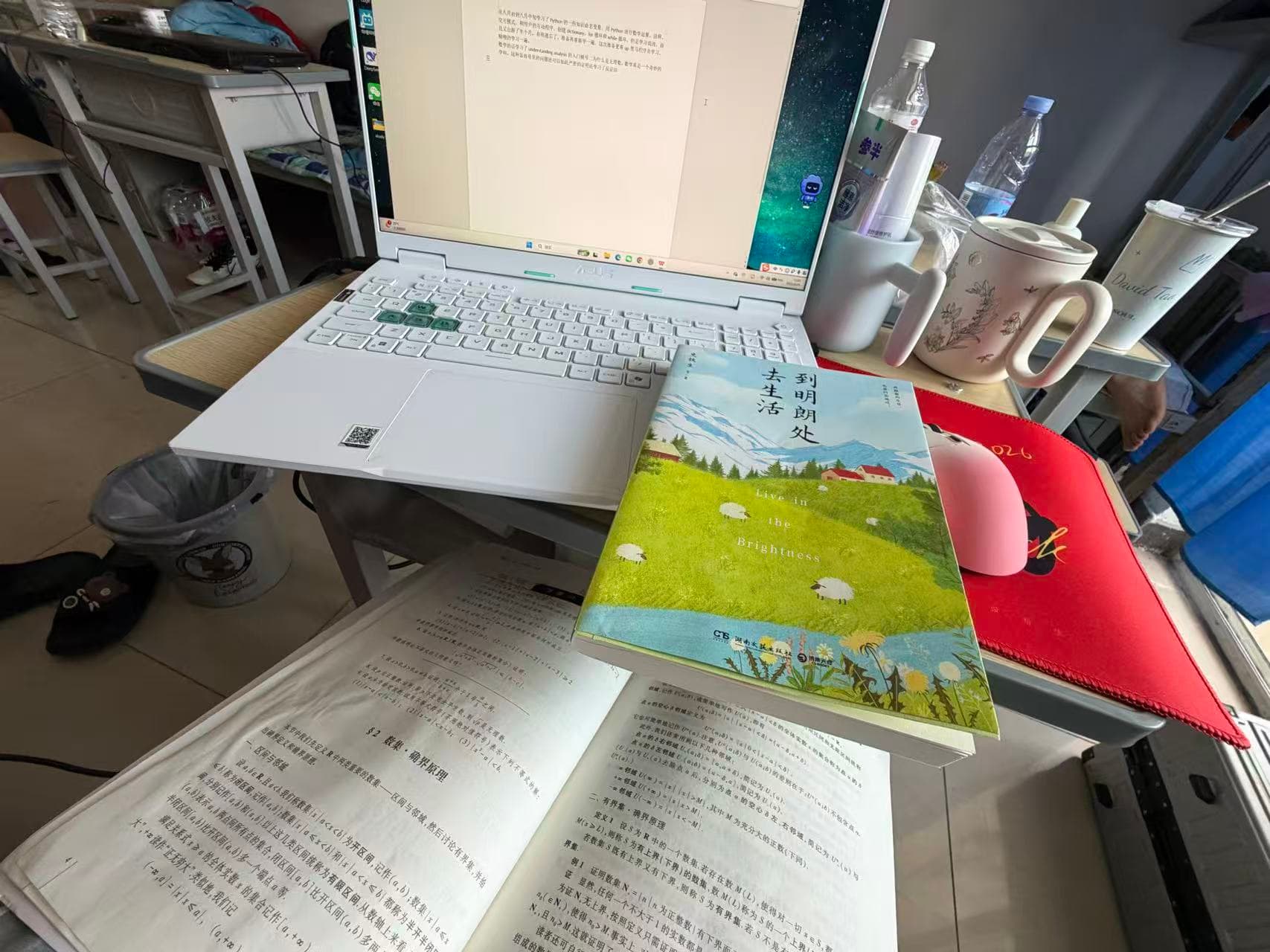 A laptop, mathematics textbooks, and handwritten study notes on a desk