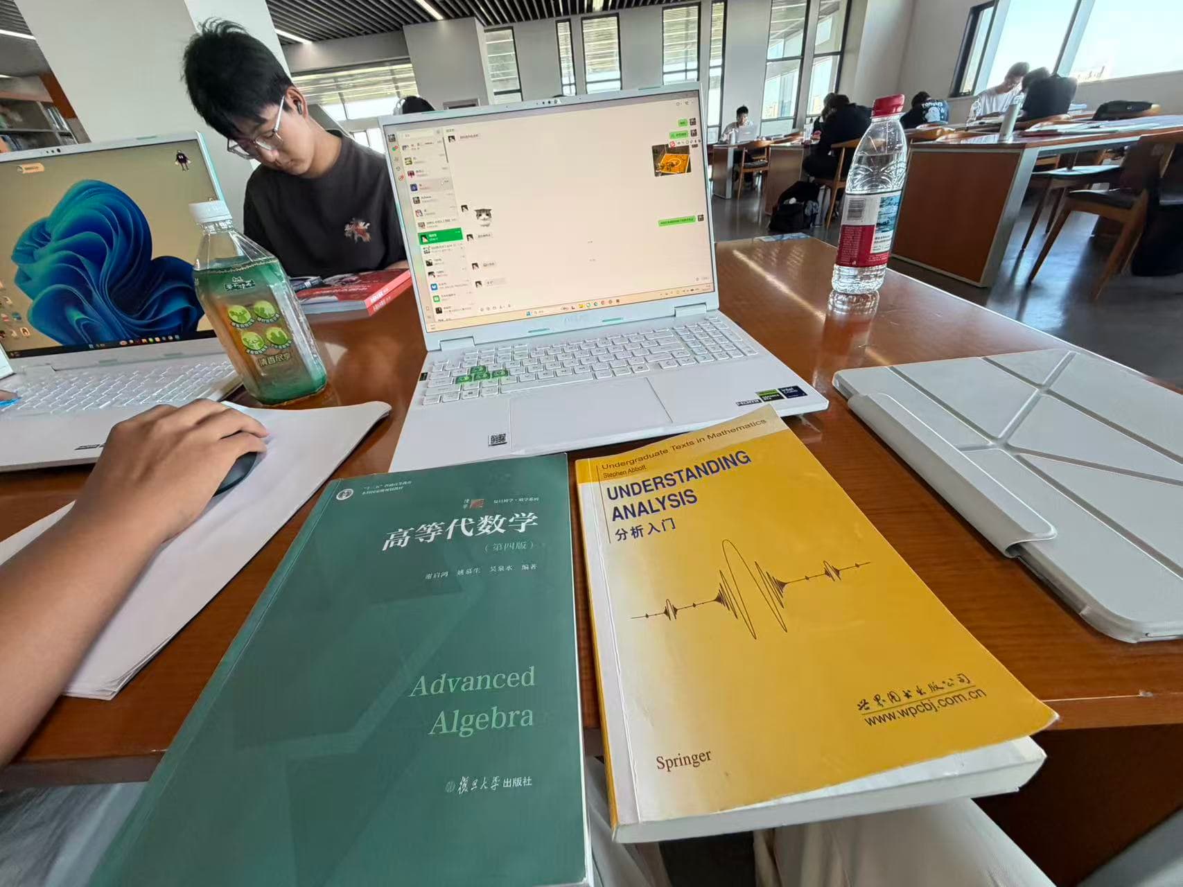 Linear algebra and Understanding Analysis textbooks on a library desk