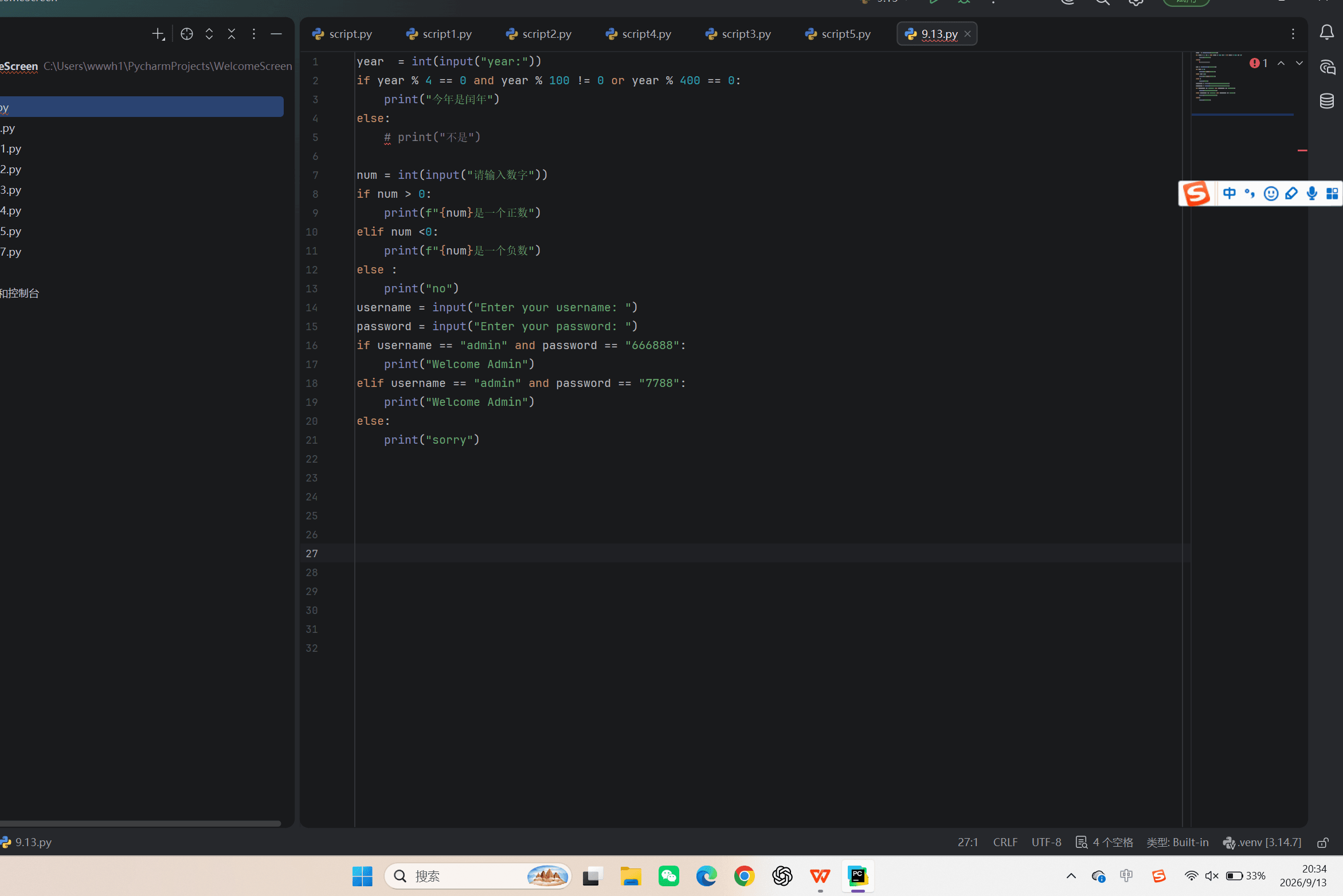 Python exercises involving leap years, positive and negative numbers, and username checks in a code editor