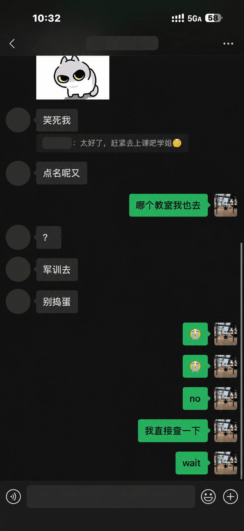 A WeChat conversation with the other person's name and avatars masked while my own avatar remains visible