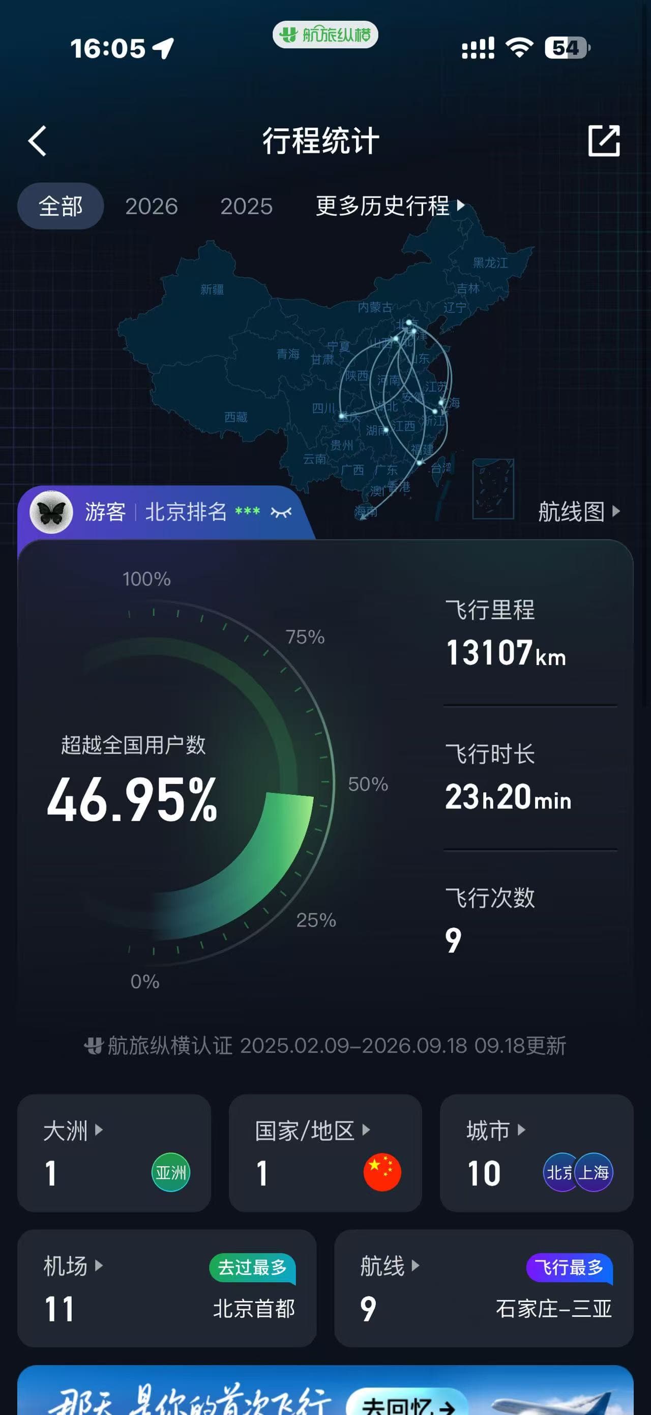 A travel app showing nine flights and the cities visited