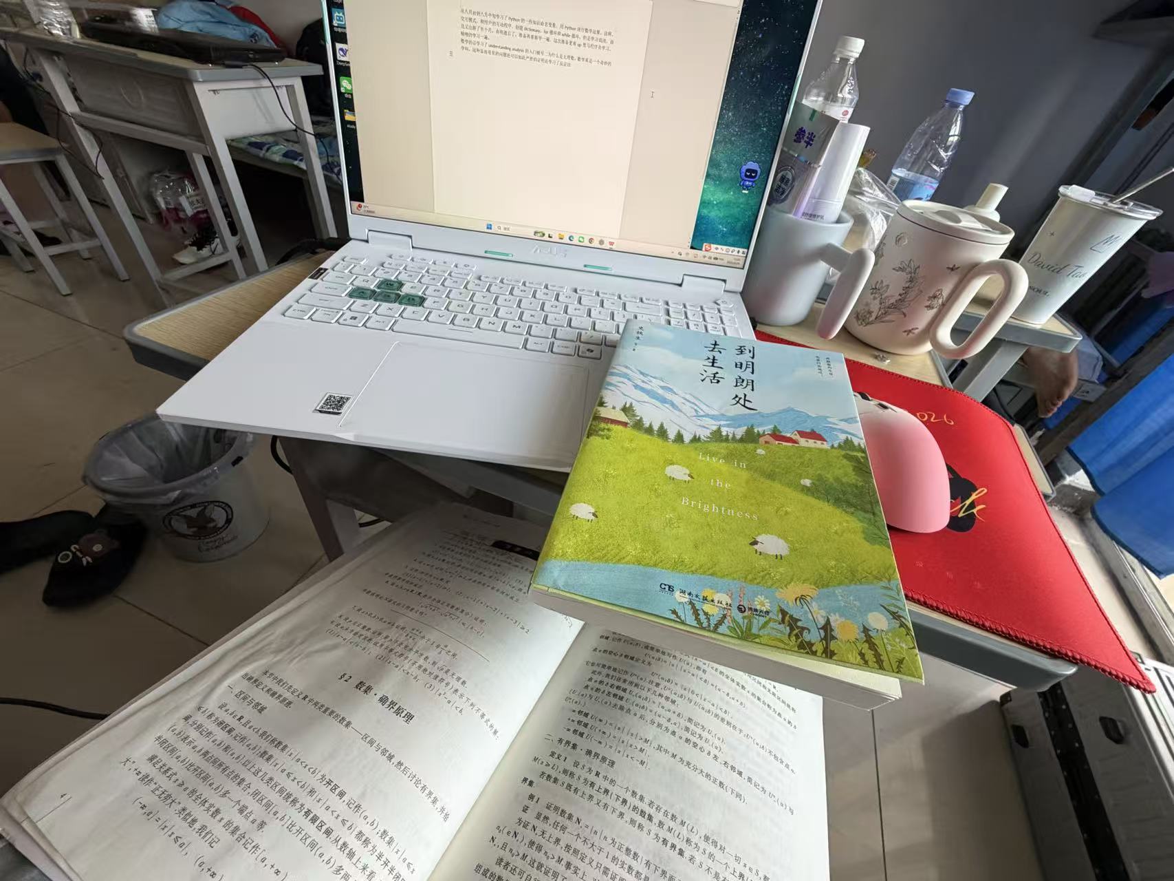 A laptop, mathematics textbooks, and handwritten study notes on a desk