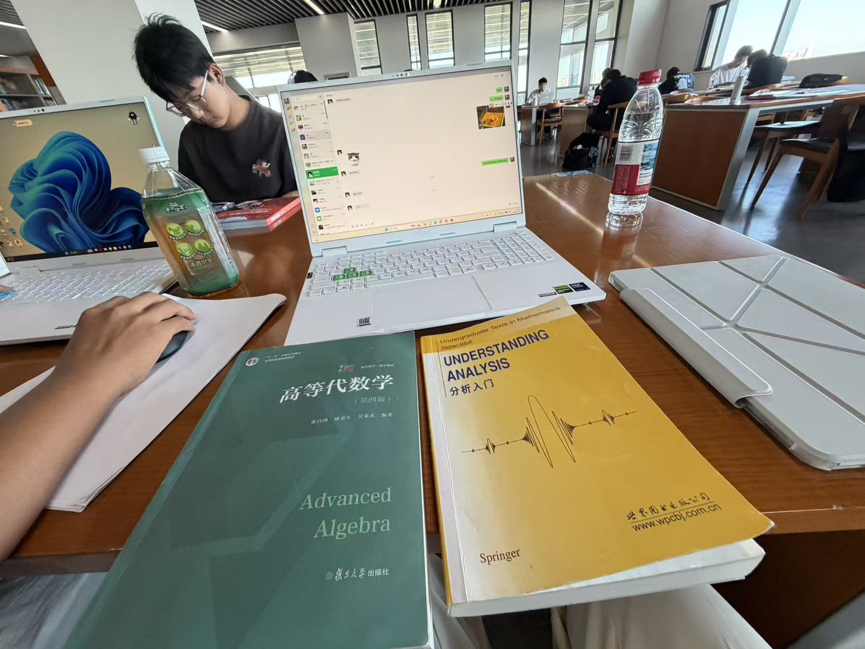 Linear algebra and Understanding Analysis textbooks on a library desk
