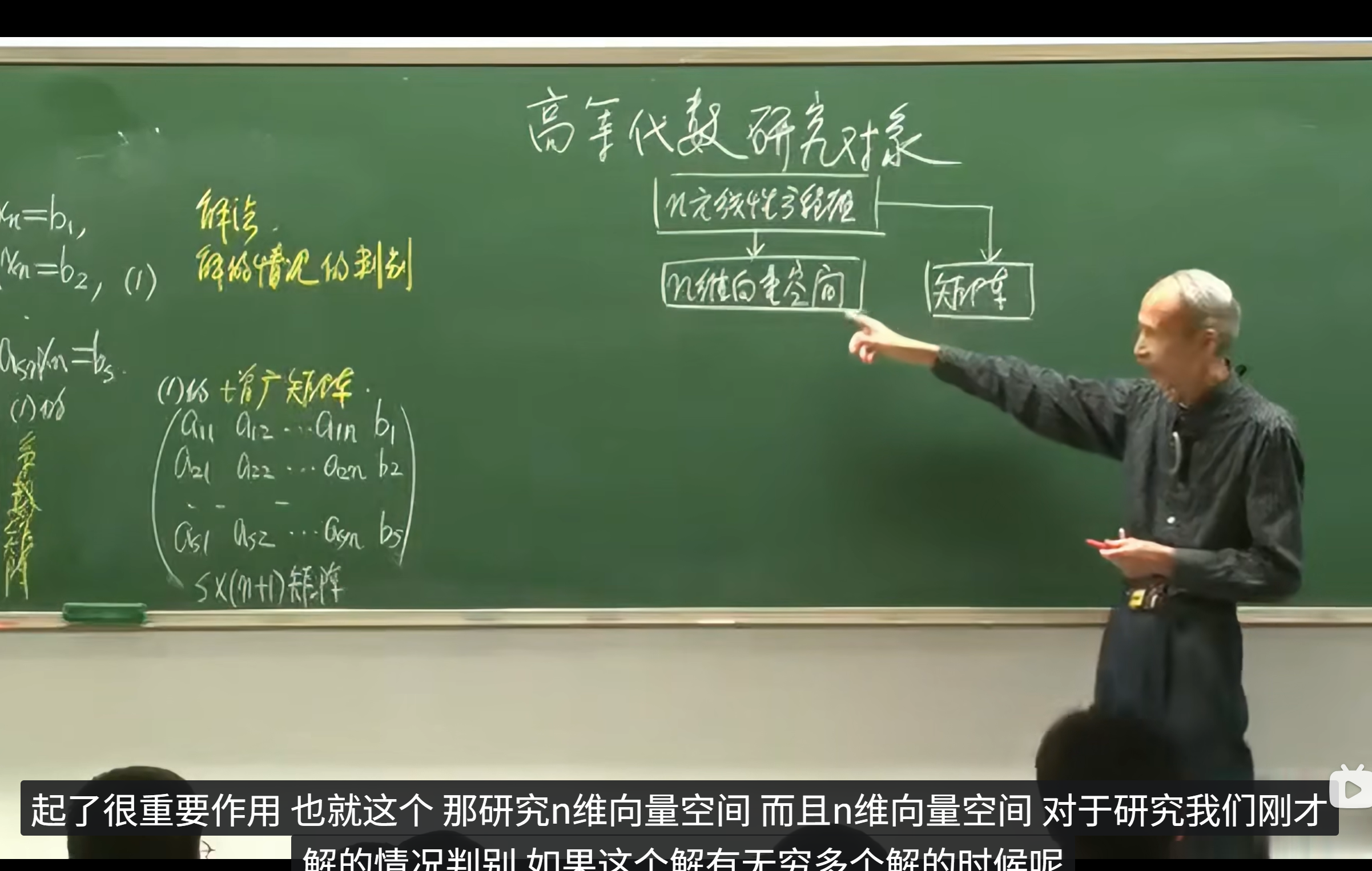 Professor Qiu Weisheng explaining the relationship between n-variable linear systems, matrices, and vector spaces at a blackboard