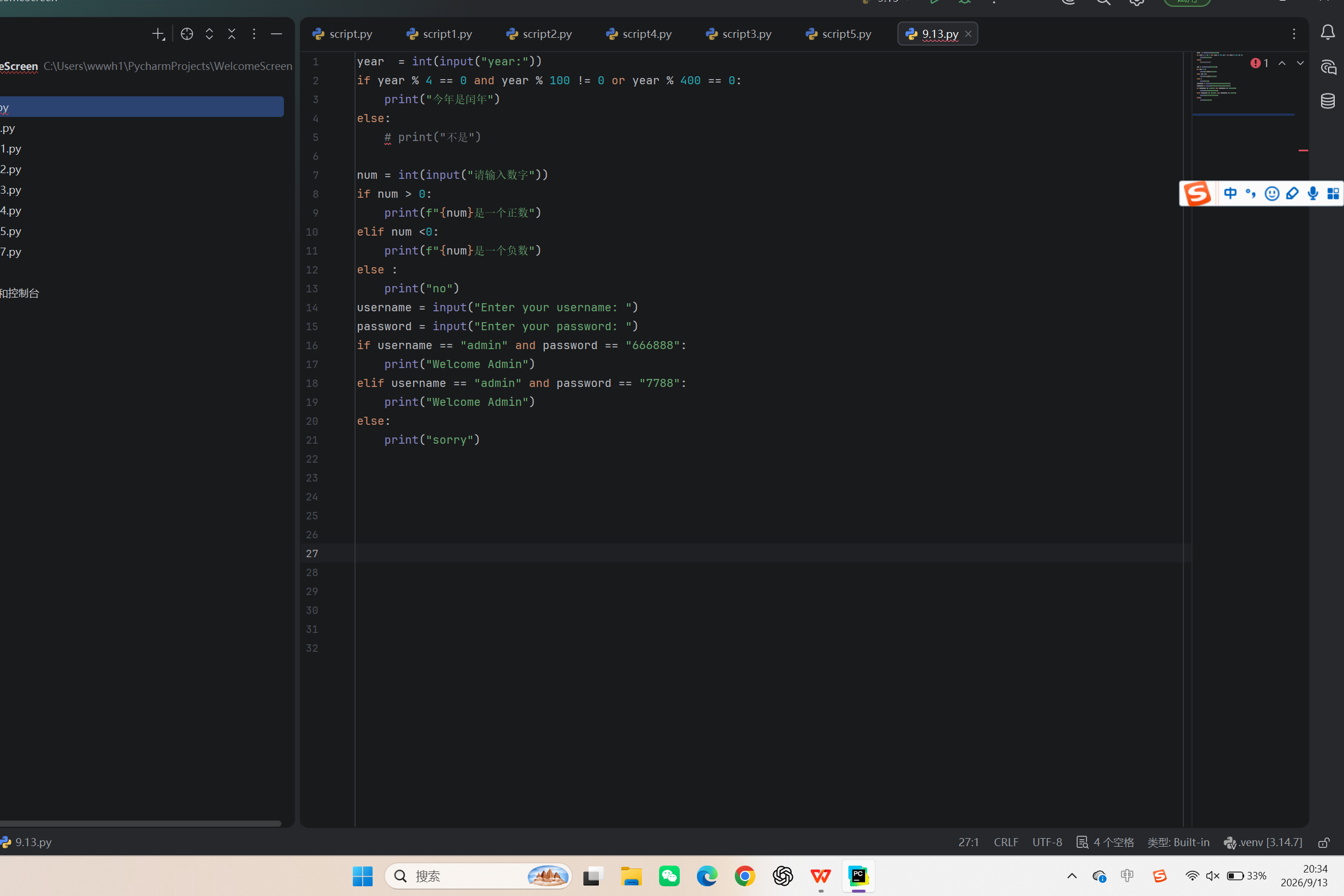 Python exercises involving leap years, positive and negative numbers, and username checks in a code editor