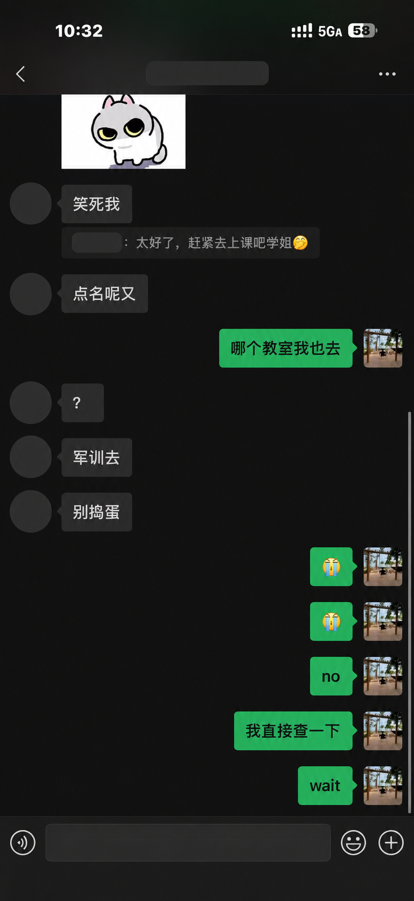 A WeChat conversation with the other person's name and avatars masked while my own avatar remains visible